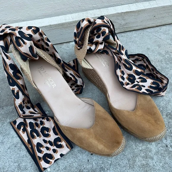 Jo Mercer Womens High Heel Rattan Wedge Tan Suede Shoes Leopard Strap 39/8 - Picture 4 of 4